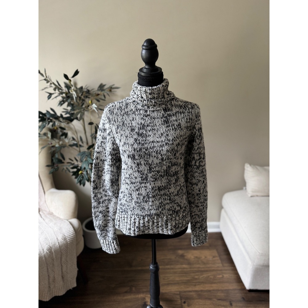 DKNY Petite Black White Marled 100% Lambswool Chunky Knit Turtleneck Sweater P/S